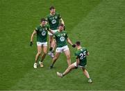 15 July 2023; Meath players, left to right, Harry O'Higgins, Adam O'Neill, Seán Coffey, and Keith Curtis celebrate after the Tailteann Cup Final match between Down and Meath at Croke Park in Dublin. Photo by Daire Brennan/Sportsfile