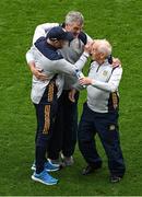 15 July 2023; Meath manager Colm O'Rourke with selectors Paul Garrigan, left, and Seán Boylan after the Tailteann Cup Final match between Down and Meath at Croke Park in Dublin. Photo by Daire Brennan/Sportsfile