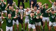 15 July 2023; Meath players celebrate as captain Donal Keogan lifts the Tailteann Cup after the Tailteann Cup Final match between Down and Meath at Croke Park in Dublin. Photo by Daire Brennan/Sportsfile