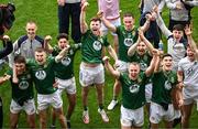 15 July 2023; Meath players celebrate as captain Donal Keogan lifts the Tailteann Cup after the Tailteann Cup Final match between Down and Meath at Croke Park in Dublin. Photo by Daire Brennan/Sportsfile