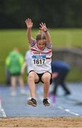 15 July 2023; Lucy Raicevic of Finisk Valley AC, Waterford, competes in the long jumo event of the under 14 women's pentathlon during day one of the 123.ie National AAI Games and Combines at Morton Stadium in Santry, Dublin. Photo by Stephen Marken/Sportsfile