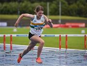 15 July 2023; Katie Harnett of St Abbans AC, Laois, competes in the 100m hurdles event of the under 14 women's pentathlon during day one of the 123.ie National AAI Games and Combines at Morton Stadium in Santry, Dublin. Photo by Stephen Marken/Sportsfile