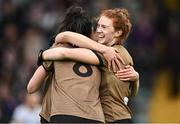 15 July 2023; Louise Ní Mhuircheartaigh of Kerry, right, celebrates with teammates aftter their side's victory in the TG4 Ladies Football All-Ireland Senior Championship quarter-final match between Kerry and Meath at Austin Stack Park in Tralee, Kerry. Photo by Piaras Ó Mídheach/Sportsfile