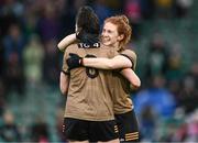 15 July 2023; Louise Ní Mhuircheartaigh of Kerry, right, celebrates with team-mate Lorraine Scanlon after their side's victory in the TG4 Ladies Football All-Ireland Senior Championship quarter-final match between Kerry and Meath at Austin Stack Park in Tralee, Kerry. Photo by Piaras Ó Mídheach/Sportsfile