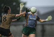 15 July 2023; Meath goalkeeper Monica McGuirk sees the ball wide as Lorraine Scanlon of Kerry closes in during the TG4 Ladies Football All-Ireland Senior Championship quarter-final match between Kerry and Meath at Austin Stack Park in Tralee, Kerry. Photo by Piaras Ó Mídheach/Sportsfile
