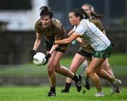 15 July 2023; Lorraine Scanlon of Kerry in action against Áine Sheridan of Meath during the TG4 Ladies Football All-Ireland Senior Championship quarter-final match between Kerry and Meath at Austin Stack Park in Tralee, Kerry. Photo by Piaras Ó Mídheach/Sportsfile