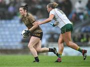 15 July 2023; Anna Galvin of Kerry in action against Vikki Wall of Meath during the TG4 Ladies Football All-Ireland Senior Championship quarter-final match between Kerry and Meath at Austin Stack Park in Tralee, Kerry. Photo by Piaras Ó Mídheach/Sportsfile