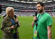 15 July 2023; Croke Park hosted ‘Sustainability Day’ on Saturday July 15th as they showcased some of the sustainability initiatives in place at the stadium. Pictured are Colin O'Brien, centre, and Croke Park pitch manager Stuart Wilson being interviewed by Lynette Fay. Photo by Brendan Moran/Sportsfile