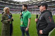 15 July 2023; Croke Park hosted ‘Sustainability Day’ on Saturday July 15th as they showcased some of the sustainability initiatives in place at the stadium. Pictured are Colin O'Brien, centre, and Croke Park pitch manager Stuart Wilson being interviewed by Lynette Fay. Photo by Brendan Moran/Sportsfile