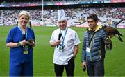 15 July 2023; Croke Park hosted ‘Sustainability Day’ on Saturday July 15th as they showcased some of the sustainability initiatives in place at the stadium. Pictured are Croke Park Executive Chef Ruairi Boyce, centre, and Barry Nolan, of Wildlife Management and Alfie the hawk, with MC Lynette Fay. Photo by Brendan Moran/Sportsfile