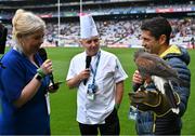 15 July 2023; Croke Park hosted ‘Sustainability Day’ on Saturday July 15th as they showcased some of the sustainability initiatives in place at the stadium. Pictured are Croke Park Executive Chef Ruairi Boyce, centre, and Barry Nolan, of Wildlife Management and Alfie the hawk, being interviewed by Lynette Fay. Photo by Brendan Moran/Sportsfile