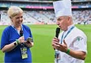 15 July 2023; Croke Park hosted ‘Sustainability Day’ on Saturday July 15th as they showcased some of the sustainability initiatives in place at the stadium. Pictured is Croke Park Executive Chef Ruairi Boyce being interviewed by Lynette Fay. Photo by Brendan Moran/Sportsfile