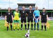 15 July 2023; Referee Eddie Darcy, third from left, and assistants from left, Hannah O'Brien, Mark Kennedy and Katie Hall with team captains Ciana Brogan and Ruth Comerford before the FAI Women's Amateur Cup Final between Bonagee United FC and Terenure Rangers FC at Eamonn Deacy Park in Galway. Photo by Tyler Miller/Sportsfile