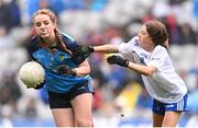 15 July 2023; Sorcha Aspell, Ardnagrath NS, Athlone, Westmeath, representing Dublin, and Cara McVeigh, Laghey PS, Dungannon, Tyrone, representing Monaghan,  during the INTO Cumann na mBunscol GAA Respect Exhibition Go Games at the GAA Football All-Ireland Senior Championship semi-final match between Dublin and Monaghan at Croke Park in Dublin. Photo by Ramsey Cardy/Sportsfile