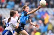 15 July 2023; Abigail Kerin, Scoil Mhuire na Trocaire, Ardee, Louth, representing Dublin, during the INTO Cumann na mBunscol GAA Respect Exhibition Go Games at the GAA Football All-Ireland Senior Championship semi-final match between Dublin and Monaghan at Croke Park in Dublin. Photo by Ramsey Cardy/Sportsfile