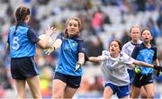 15 July 2023; Sorcha Aspell, Ardnagrath NS, Athlone, Westmeath, representing Dublin, and Cara McVeigh, Laghey PS, Dungannon, Tyrone, representing Monaghan, during the INTO Cumann na mBunscol GAA Respect Exhibition Go Games at the GAA Football All-Ireland Senior Championship semi-final match between Dublin and Monaghan at Croke Park in Dublin. Photo by Ramsey Cardy/Sportsfile