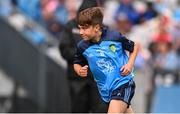 15 July 2023; Fionn McCormack Crowe, St Mary's NS, Drumlish, Longford, representing Dublin, during the INTO Cumann na mBunscol GAA Respect Exhibition Go Games at the GAA Football All-Ireland Senior Championship semi-final match between Dublin and Monaghan at Croke Park in Dublin. Photo by Ramsey Cardy/Sportsfile