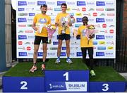 16 July 2023; The top three male finishers Emmet Jennings of Dundrum South Dublin AC, centre, first, Sergiu Ciobanu of Clonliffe Harriers AC, Dublin, left, second, and Peter Somba of Dunboyne AC, Wicklow, third, after the 2023 Irish Life Dublin Race Series-Fingal 10km which took place on Sunday 16th of July at Swords in Dublin. Photo by Sam Barnes/Sportsfile