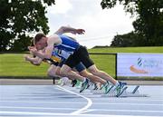 16 July 2023; Athletes at the start of the mens 100m during day two of the 123.ie National AAI Games and Combines at Morton Stadium in Santry, Dublin. Photo by Stephen Marken/Sportsfile