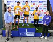 16 July 2023; The top three male finishers Emmet Jennings of Dundrum South Dublin AC, centre, first, Sergiu Ciobanu of Clonliffe Harriers AC, Dublin, second from left, second, and Peter Somba of Dunboyne AC, Wicklow, second from right,third, with Mayor of Fingal, Councillor Adrian Henchy, far left, and Sarah Judge, Irish Life, far right, after the 2023 Irish Life Dublin Race Series-Fingal 10km which took place on Sunday 16th of July at Swords in Dublin. Photo by Sam Barnes/Sportsfile