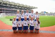 15 July 2023; The Monaghan team, back row, left to right, Nell Kinsella, Glandore NS, Glandore, Cork, Emily Nic an tSaoir, Gaelscoil Eoghain Uí Thuairisc, Carlow, Aoife Rodgers, St Brigid's NS, Bailieborough, Cavan, Lily May Queally, Scoil Naom Gobnait, Dungarvan, Waterford, Lara McAleer, St. Mary's PS, Cabragh, Tyrone, front row, left to right, Ava Flaherty, Spa NS, Tralee, Kerry, Michela Moynihan, Ovens NS, Ovens, Cork, Ella Wall, Clerihan NS, Clonmel, Tipperary, Maebh Browne, Hollyford NS, Hollyford, Tipperary, Cara McVeigh, Laghey PS, Dungannon, Tyrone, ahead of the INTO Cumann na mBunscol GAA Respect Exhibition Go Games at the GAA Football All-Ireland Senior Championship semi-final match between Dublin and Monaghan at Croke Park in Dublin. Photo by Daire Brennan/Sportsfile