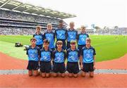 15 July 2023; The Dublin team, back row, left to right, Ben Lenihan, Dromcollogher NS, Charleville, Cork, Mike Funston, Enniskillen Integrated PS, Fermanagh, Richard Christie, St John the Apostle, Knockanacarra, Galway, Cillian Reilly, St John's NS, Castlebar, Mayo, TJ Flynn Reilly, Melview NS, Melview, Longford, front row, left to right, Harry Maguire, Kilmessan NS, Kilmessan, Meath, Jake Norris, Piltown NS, Piltown, Kilkenny, Fionn McCormack Crowe, St Mary's NS, Drumlish, Longford, Ryan O'Rourke, St Brendan's BNS, Loughrea, Galway, Jack 0'Toole, St Joseph's PS, Ballinrobe, Mayo, ahead of the INTO Cumann na mBunscol GAA Respect Exhibition Go Games at the GAA Football All-Ireland Senior Championship semi-final match between Dublin and Monaghan at Croke Park in Dublin. Photo by Daire Brennan/Sportsfile