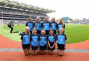 15 July 2023; The Dublin team, back row, left to right, Zoe Byrne, Clongeen NS, Foulkesmills, Wexford, Sorcha Aspell, Ardnagrath NS, Athlone, Westmeath, Ella Rochford, Scoil Chile Chriost, Rathmore, Kildare, Chloe Carey, Lisnagry NS, Lisnagry, Limerick, Mollie Quinn, Ardnagrath NS, Athlone, Westmeath, front row, left to right, Ava Moll Lyons, Bornacoola NS, Carrick-on-Shannon, Leitrim, Léana Coyne, Bohermeen NS, Bohermeen, Meath, Sophie McCabe, St Malachys' Girls' School, Dundalk, Louth, Abigail Kerin, Scoil Mhuire na Trocaire, Ardee, Louth, Deirbhile McNabb, St Mary's PS, Tempo, Fermanagh, ahead of the INTO Cumann na mBunscol GAA Respect Exhibition Go Games at the GAA Football All-Ireland Senior Championship semi-final match between Dublin and Monaghan at Croke Park in Dublin. Photo by Daire Brennan/Sportsfile