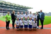 15 July 2023; The Monaghan team, back row, left to right, Nell Kinsella, Glandore NS, Glandore, Cork, Emily Nic an tSaoir, Gaelscoil Eoghain Uí Thuairisc, Carlow, Aoife Rodgers, St Brigid's NS, Bailieborough, Cavan, Lily May Queally, Scoil Naom Gobnait, Dungarvan, Waterford, Lara McAleer, St. Mary's PS, Cabragh, Tyrone, front row, left to right, Ava Flaherty, Spa NS, Tralee, Kerry, Michela Moynihan, Ovens NS, Ovens, Cork, Ella Wall, Clerihan NS, Clonmel, Tipperary, Maebh Browne, Hollyford NS, Hollyford, Tipperary, Cara McVeigh, Laghey PS, Dungannon, Tyrone, with GAA Safeguarding Officer Michelle Harte, LGFA Leinster President Trina Murray, Cumann na mBunscol President Mairéad O'Callaghan, and INTO CEO John Boyle, ahead of the INTO Cumann na mBunscol GAA Respect Exhibition Go Games at the GAA Football All-Ireland Senior Championship semi-final match between Dublin and Monaghan at Croke Park in Dublin. Photo by Daire Brennan/Sportsfile