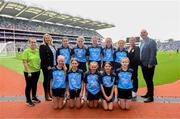 15 July 2023; The Dublin team, back row, left to right, Zoe Byrne, Clongeen NS, Foulkesmills, Wexford, Sorcha Aspell, Ardnagrath NS, Athlone, Westmeath, Ella Rochford, Scoil Chile Chriost, Rathmore, Kildare, Chloe Carey, Lisnagry NS, Lisnagry, Limerick, Mollie Quinn, Ardnagrath NS, Athlone, Westmeath, front row, left to right, Ava Moll Lyons, Bornacoola NS, Carrick-on-Shannon, Leitrim, Léana Coyne, Bohermeen NS, Bohermeen, Meath, Sophie McCabe, St Malachys' Girls' School, Dundalk, Louth, Abigail Kerin, Scoil Mhuire na Trocaire, Ardee, Louth, Deirbhile McNabb, St Mary's PS, Tempo, Fermanagh, with GAA Safeguarding Officer Michelle Harte, LGFA Leinster President Trina Murray, Cumann na mBunscol President Mairéad O'Callaghan, and INTO CEO John Boyle, ahead of the INTO Cumann na mBunscol GAA Respect Exhibition Go Games at the GAA Football All-Ireland Senior Championship semi-final match between Dublin and Monaghan at Croke Park in Dublin. Photo by Daire Brennan/Sportsfile