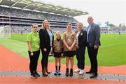 15 July 2023; Referee AJ McKeown, Straide NS, Foxford, Mayo, Referee Niamh Devaney, Ballyvary Central NS, Castlebar, Mayo, with GAA Safeguarding Officer Michelle Harte, LGFA Leinster President Trina Murray, Cumann na mBunscol President Mairéad O'Callaghan, and INTO CEO John Boyle, ahead of the INTO Cumann na mBunscol GAA Respect Exhibition Go Games at the GAA Football All-Ireland Senior Championship semi-final match between Dublin and Monaghan at Croke Park in Dublin. Photo by Daire Brennan/Sportsfile