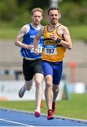 16 July 2023; Andrew Hobbs of Leevale AC, Cork, right, and Ronan Fitzpatrick of Newry AC, Antrim, compete in the senior men's 1500m  during day two of the 123.ie National AAI Games and Combines at Morton Stadium in Santry, Dublin. Photo by Stephen Marken/Sportsfile
