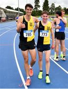16 July 2023; Eoin Everard, left, and Cathal O'Reilly of Kilkenny City Harriers AC, after the senior men's 1500m   during day two of the 123.ie National AAI Games and Combines at Morton Stadium in Santry, Dublin. Photo by Stephen Marken/Sportsfile