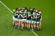 15 July 2023; The Meath huddle ahead of the Tailteann Cup Final match between Down and Meath at Croke Park in Dublin. Photo by Daire Brennan/Sportsfile
