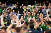 15 July 2023; Meath captain Donal Keogan celerates with the cup after the Tailteann Cup Final match between Down and Meath at Croke Park in Dublin. Photo by Brendan Moran/Sportsfile