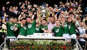 15 July 2023; Meath captain Donal Keogan and his teammates celebrate with the cup after the Tailteann Cup Final match between Down and Meath at Croke Park in Dublin. Photo by Brendan Moran/Sportsfile