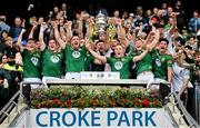 15 July 2023; Meath captain Donal Keogan and his teammates celebrate with the cup after the Tailteann Cup Final match between Down and Meath at Croke Park in Dublin. Photo by Brendan Moran/Sportsfile