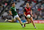 15 July 2023; Liam Kerr of Down in action against Donal Lenihan of Meath during the Tailteann Cup Final match between Down and Meath at Croke Park in Dublin. Photo by Brendan Moran/Sportsfile
