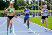 16 July 2023; From left, Katie Bergin of Moyne AC, Meath,  Cressida Amaniampong of Skerries AC, Dublin, Sive O'Toole of St L O'Toole AC, Carlow, compete in the senior women's 100m  during day two of the 123.ie National AAI Games and Combines at Morton Stadium in Santry, Dublin. Photo by Stephen Marken/Sportsfile