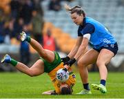 16 July 2023; Niamh McLaughlin of Donegal in action against Jennifer Dunne of Dublin during the TG4 LGFA All-Ireland Senior Championship Quarter-Final match between Donegal and Dublin at MacCumhaill Park in Ballybofey, Donegal. Photo by Ramsey Cardy/Sportsfile