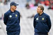 15 July 2023; Meath manager Colm O'Rourke, left, and selector Barry Callaghan before the Tailteann Cup Final match between Down and Meath at Croke Park in Dublin. Photo by Brendan Moran/Sportsfile