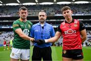 15 July 2023; Referee Noel Mooney with Meath captain Donal Keogan and Down captain Pierce Laverty before the Tailteann Cup Final match between Down and Meath at Croke Park in Dublin. Photo by Brendan Moran/Sportsfile