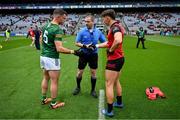 15 July 2023; Referee Noel Mooney speaks to Meath captain Donal Keogan and Down captain Pierce Laverty before the Tailteann Cup Final match between Down and Meath at Croke Park in Dublin. Photo by Brendan Moran/Sportsfile