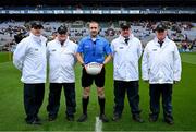 15 July 2023; Referee Noel Mooney with his umpires before the Tailteann Cup Final match between Down and Meath at Croke Park in Dublin. Photo by Brendan Moran/Sportsfile