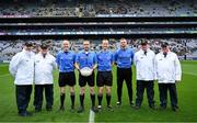 15 July 2023; Referee Noel Mooney with his match officials before the Tailteann Cup Final match between Down and Meath at Croke Park in Dublin. Photo by Brendan Moran/Sportsfile
