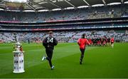 15 July 2023; The Down team run onto the pitch for a team photograph before the Tailteann Cup Final match between Down and Meath at Croke Park in Dublin. Photo by Brendan Moran/Sportsfile