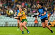 16 July 2023; Niamh McLaughlin of Donegal in action against Eilish O'Dowd of Dublin during the TG4 LGFA All-Ireland Senior Championship Quarter-Final match between Donegal and Dublin at MacCumhaill Park in Ballybofey, Donegal. Photo by Ramsey Cardy/Sportsfile