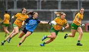 16 July 2023; Niamh McLaughlin of Donegal in action against Kate Sullivan of Dublin during the TG4 LGFA All-Ireland Senior Championship Quarter-Final match between Donegal and Dublin at MacCumhaill Park in Ballybofey, Donegal. Photo by Ramsey Cardy/Sportsfile