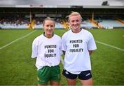 16 July 2023; Donegal captain Niamh McLaughlin, left, and Dublin captain Carla Rowe before the TG4 LGFA All-Ireland Senior Championship Quarter-Final match between Donegal and Dublin at MacCumhaill Park in Ballybofey, Donegal. Photo by Ramsey Cardy/Sportsfile