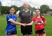 16 July 2023; Referee Paul McCaughey and team captains Abbie Cahill of Cavan and Aisling O'Sullivan of Cork before the LGFA All-Ireland U16 A Championship Final match between Cork and Cavan at Bretland Park in Clara, Offaly. Photo by Tyler Miller/Sportsfile