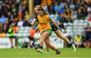 16 July 2023; Tara Hegarty of Donegal is tackled by Jennifer Dunne of Dublin during the TG4 LGFA All-Ireland Senior Championship Quarter-Final match between Donegal and Dublin at MacCumhaill Park in Ballybofey, Donegal. Photo by Ramsey Cardy/Sportsfile